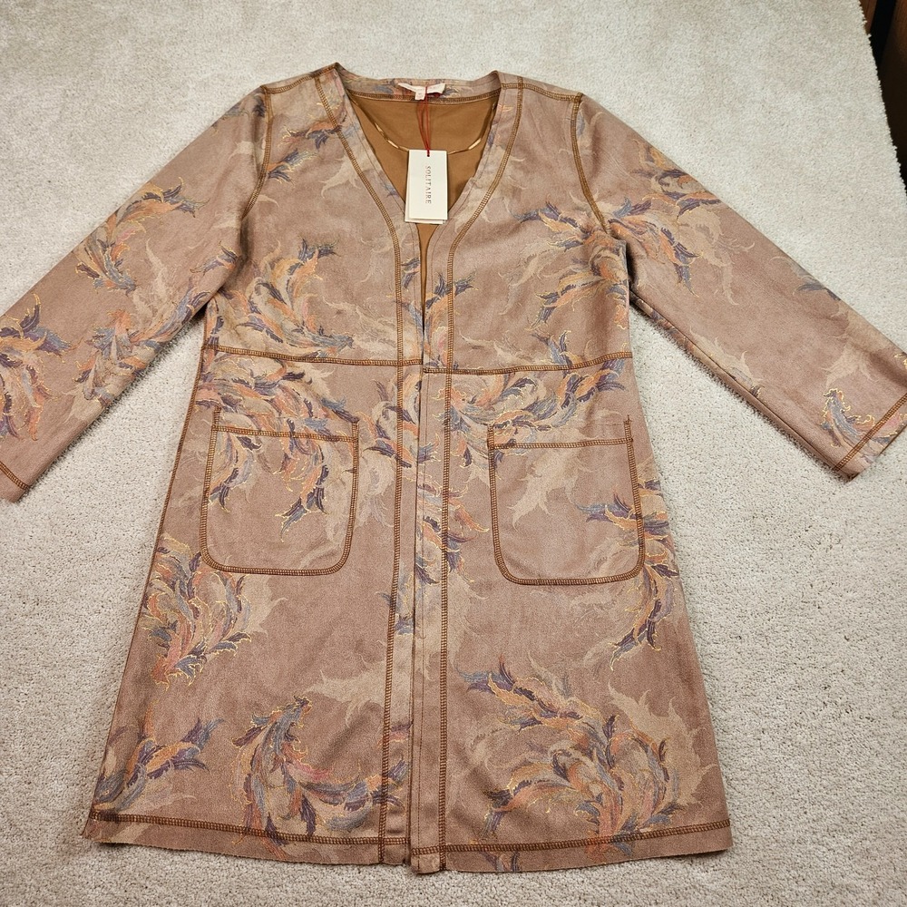 NWT's Anthro Solitaire Camel Suede Feather Print Duster Longline Cardigan Jacket